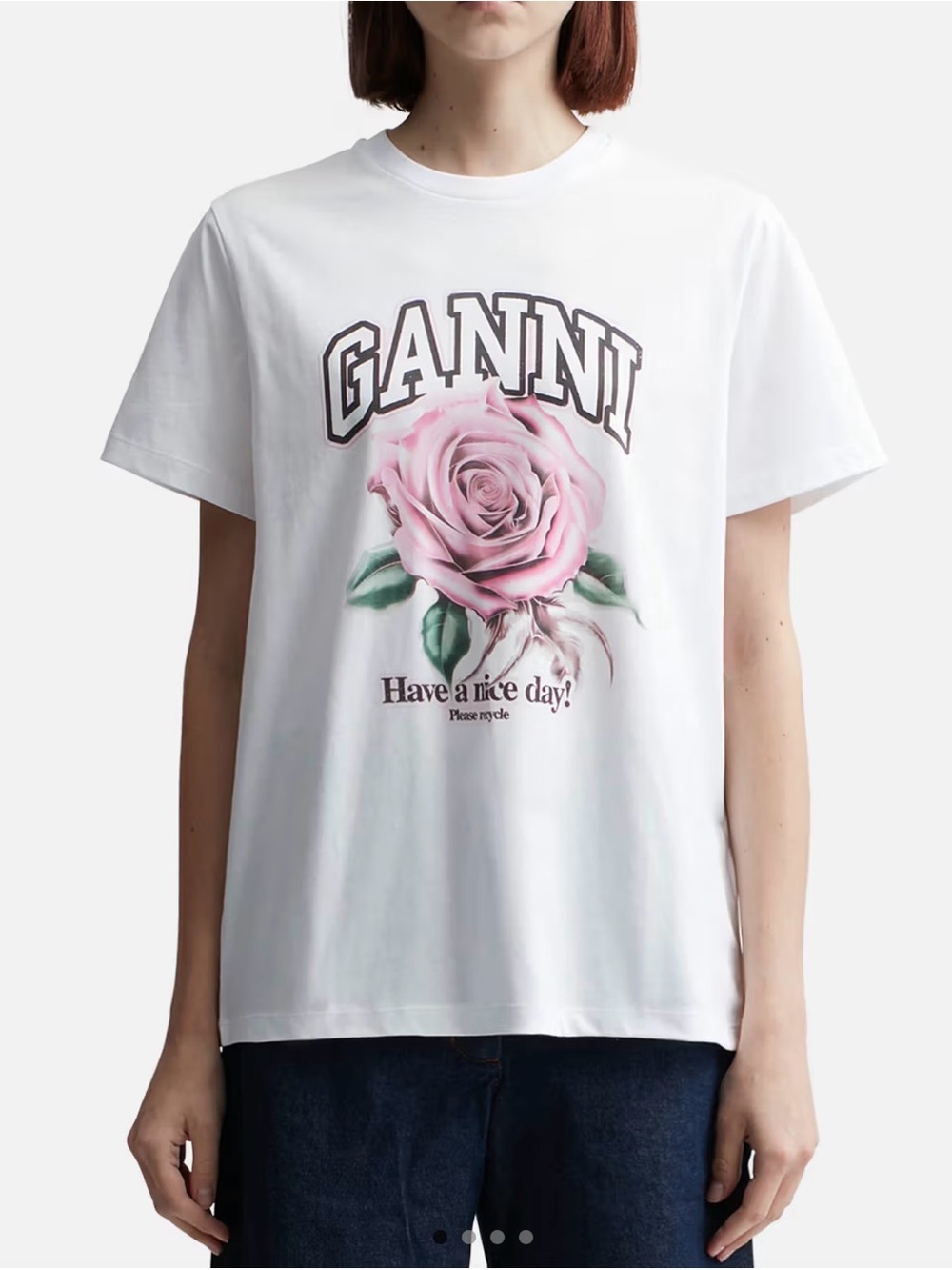 GANNI white t-shirt basic rose print size Small